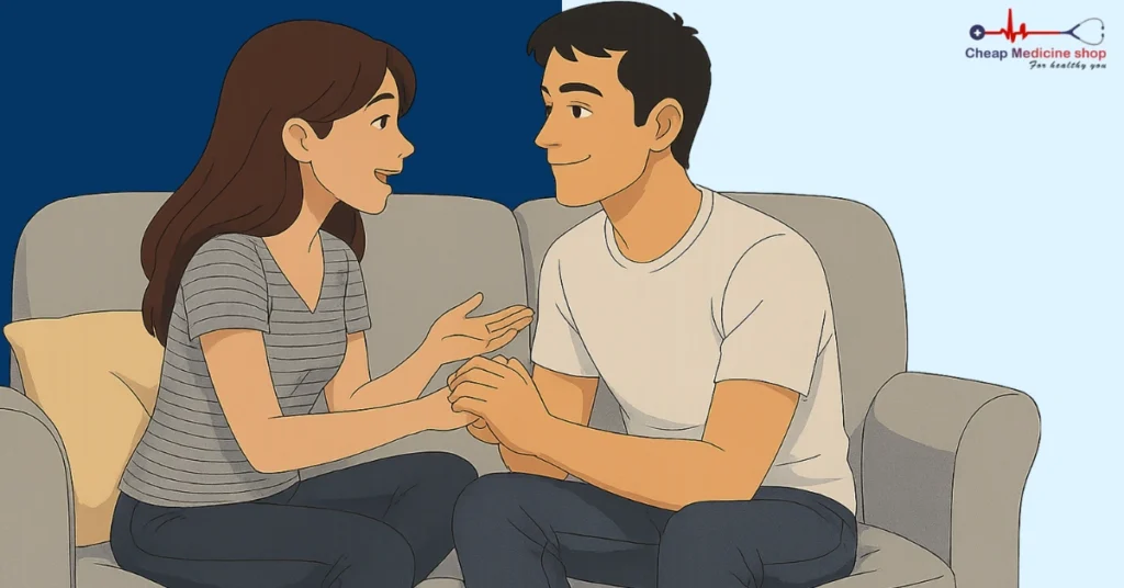 Partners holding hands on a sofa, showing deep connection