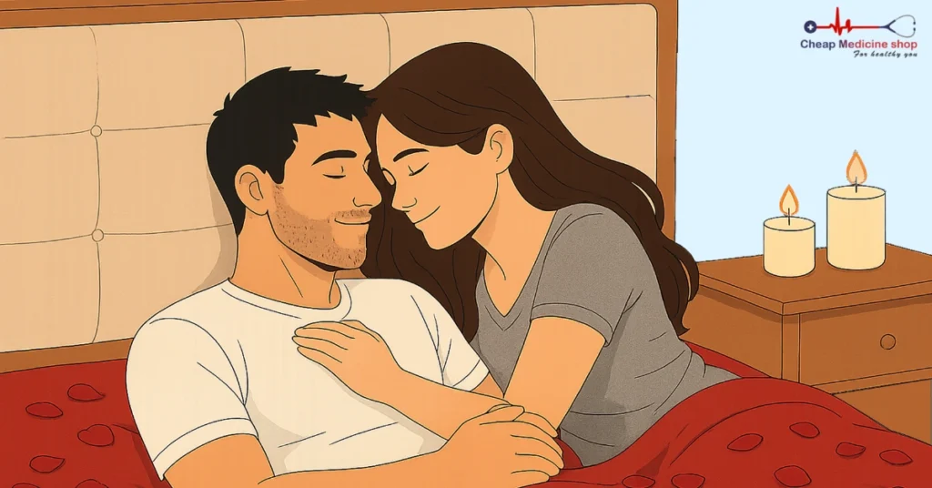 Partners sharing a warm cuddle on a romantic, candlelit bed