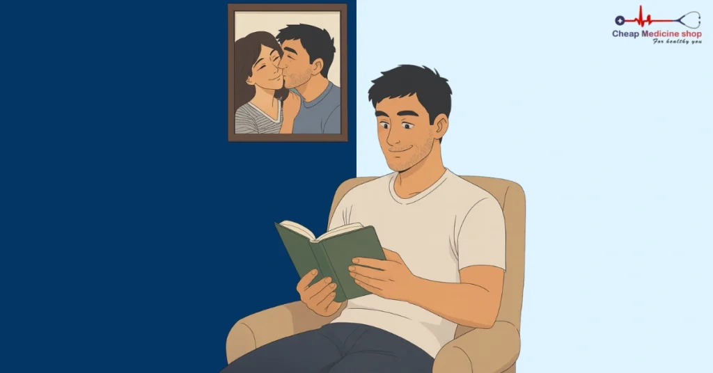 Man enjoying a book, with a loving couple photo behind him