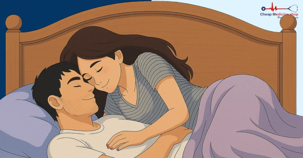 Couple cuddling closely to maintain connection after orgasm