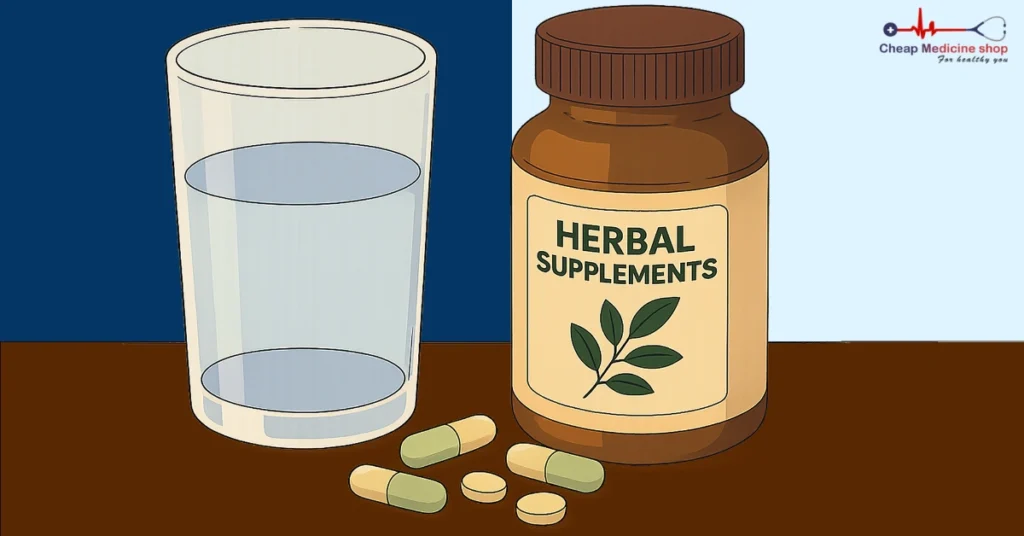 Herbal pills and a water glass set out for recovery boosting