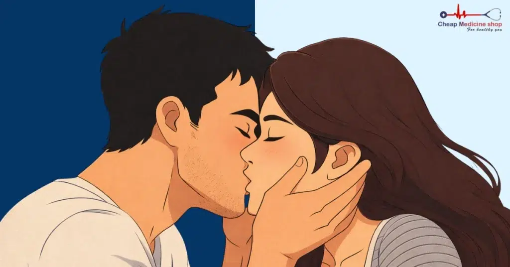 Man kissing a woman while holding her cheeks