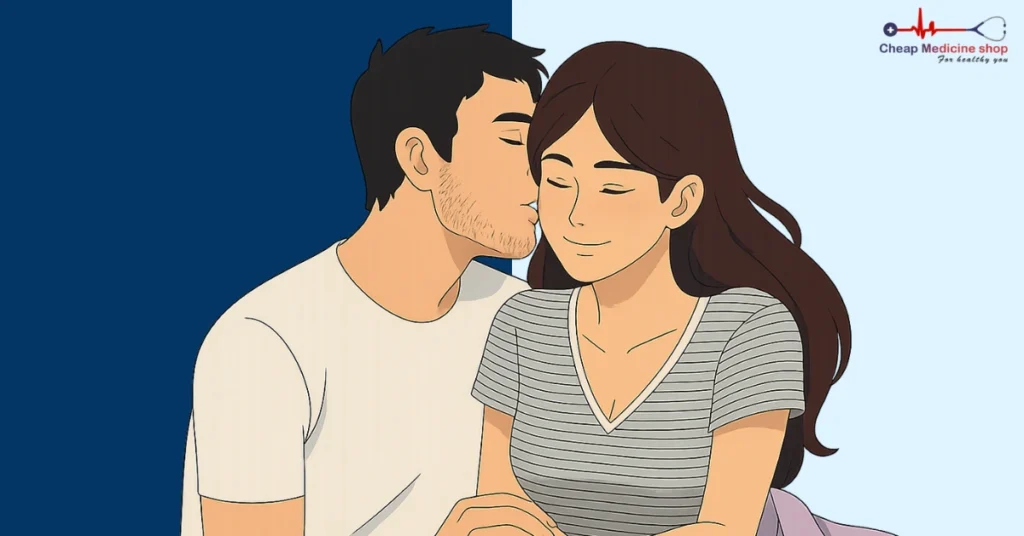 Man softly kissing a woman’s ear as they sit close on a bed