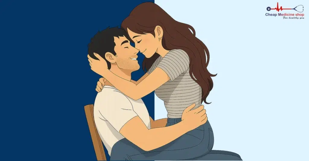 Couple sitting close as the woman sits on the man’s lap