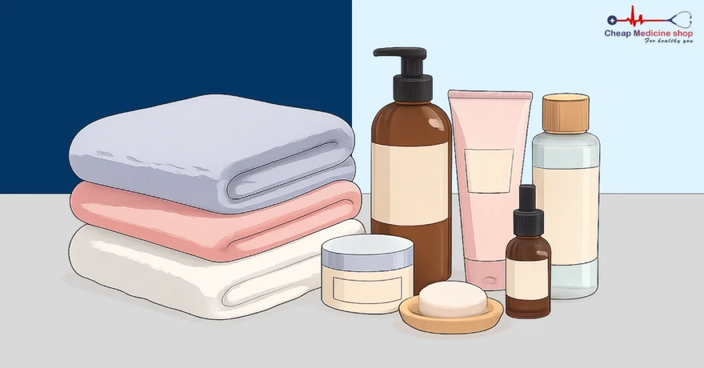 Soft towels and skincare bottles arranged in a bathroom