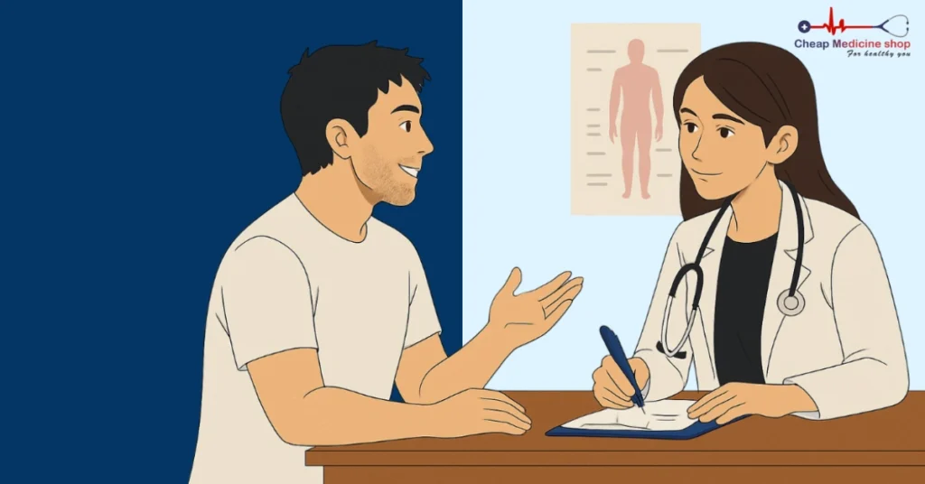 Man discussing treatment options with a doctor in a clinic