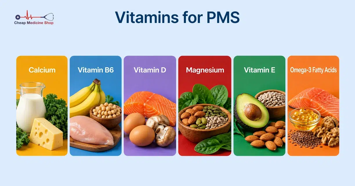 PMS vitamins infographic showing foods and supplements for symptom relief