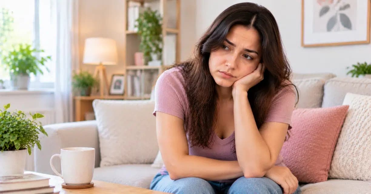 Woman looking concerned while sitting on a sofa at home, representing high SHBG in females
